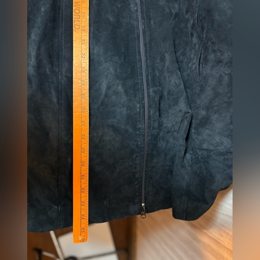 Clothes By Revue Elegant Black Suede Leather Coat Knit Sleeves with Belt Vintage - Picture 10 of 10